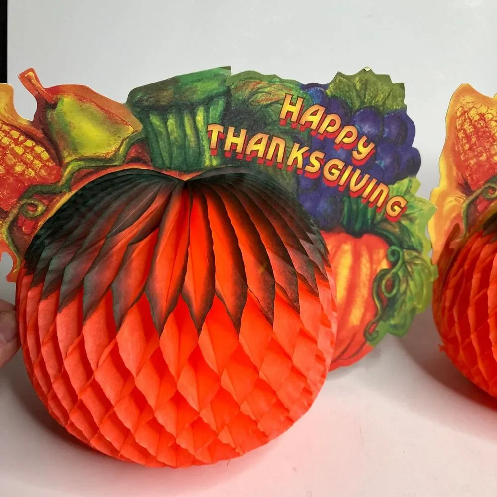 Happy Thanksgiving Honeycomb Crepe Paper Pumpkins Lot Of 2 Centerpieces